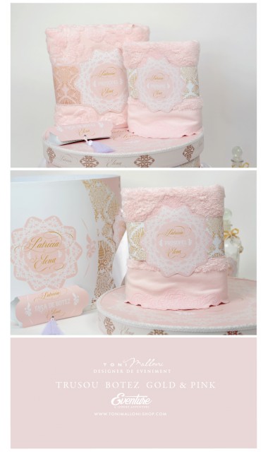 Trusou de botez clasic si elegant in nuante de alb, roz si auriu, Lacy 4